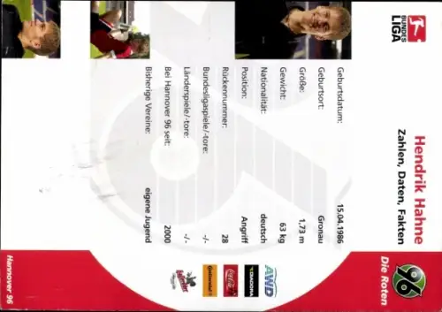 Autogrammkarte Fußballer Hendrik Hahne, Hannover 96, Autogramm