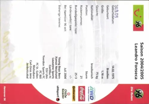 Autogrammkarte Fußballer Leandro Fonseca, Hannover 96, Autogramm