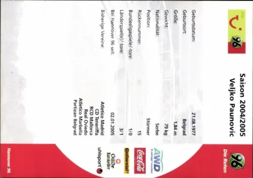 Autogrammkarte Fußballer Veljko Paunovic, Hannover 96, Autogramm