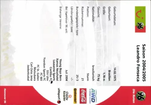 Autogrammkarte Fußballer Leandro Fonseca, Hannover 96, Autogramm