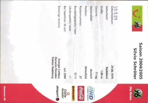 Autogrammkarte Fußballer Silvio Schröter, Hannover 96, Autogramm