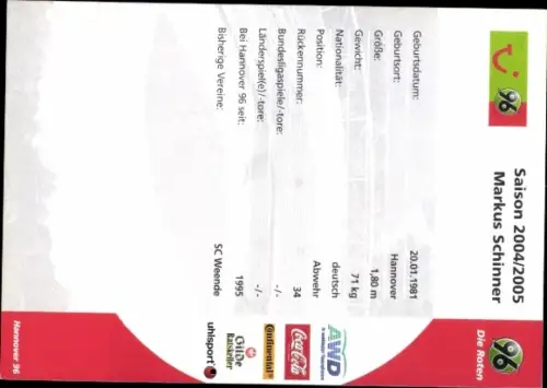 Autogrammkarte Fußballer Markus Schinner, Hannover 96, Autogramm