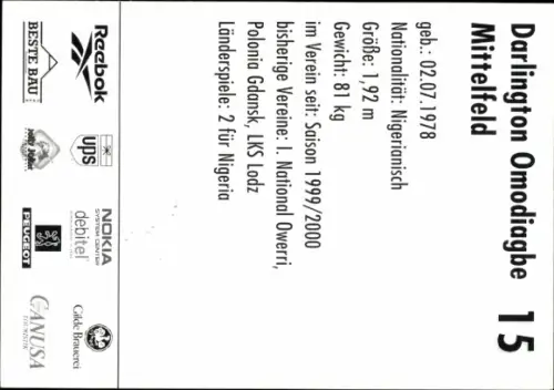 Autogrammkarte Fußballer Darlington Omodiagbe, Hannover 96, Autogramm