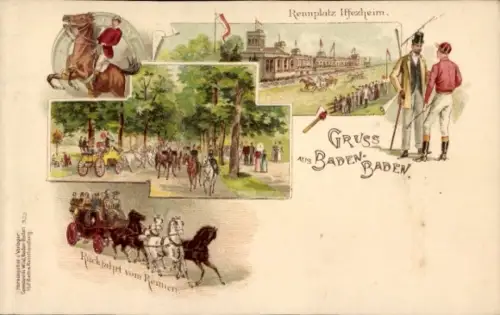 Litho Baden Baden am Schwarzwald, Rennplatz Iffezheim, Jockey, Pferdekutsche