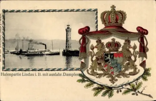 Präge Wappen Passepartout Ak Lindau am Bodensee Schwaben, Hafen, ausfahrender Dampfer