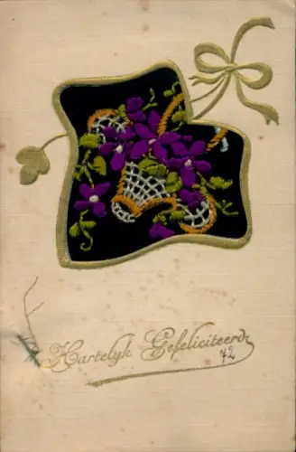 Seidenstick Ak Glückwunsch, Efeublatt, Blumenkorb, Veilchen