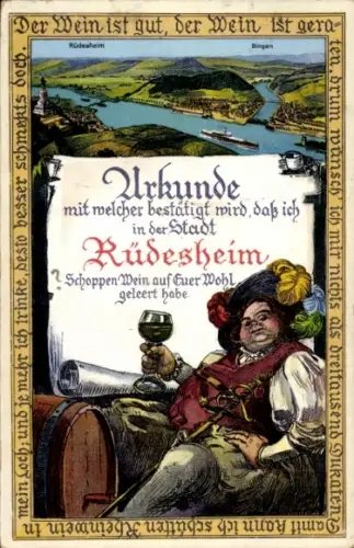 Passepartout Ak Rüdesheim am Rhein, Panorama, Urkunde, Mann trinkt Wein, Drachenfels