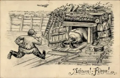 Künstler Ak Scheffler, Achtung, Flieger! Soldaten flüchten in Unterstand, 1. WK