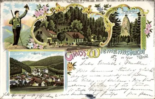 Litho Bad Grund im Harz, Wiemannsbucht, Gasthaus, Kaiserdenkmal Hübichenstein