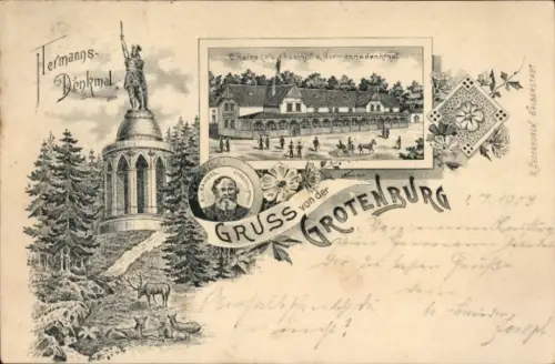 Litho Detmold in Westfalen, Grotenburg, Hermannsdenkmal, Gasthof zum Hermannsdenkmal