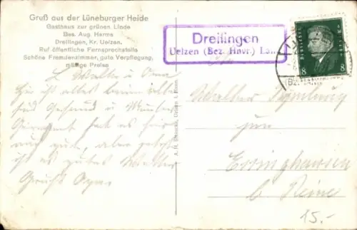 Ak Dreilingen Eimke Lüneburger Heide, Gasthaus zur grünen Linde, Bes. Aug. Harms