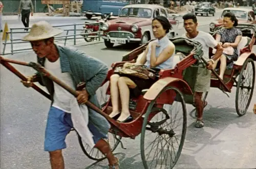Ak Hong Kong China, Riksha mit Fahrgästen, Verkehr, Autos