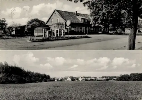 Ak Heinschenwalde Hipstedt in Niedersachsen, Panorama vom Ort, Tankstelle, Straßenansicht