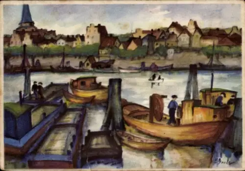 Ak Ostseebad Travemünde Lübeck, Hafenansicht, Boote, Stadtansicht, Wasser, Menschen