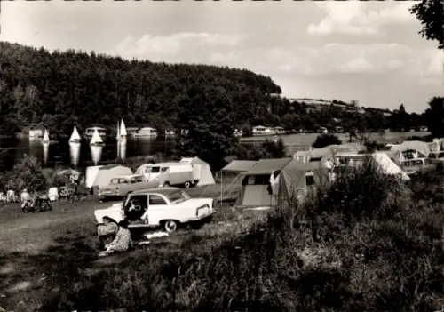 Ak Eschenbach in der Oberpfalz Bayern, Campingplatz am Rußweiher, Zelte, Autos, Boote, Natur