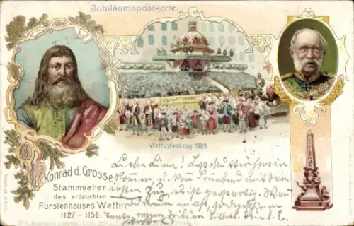 Litho Konrad der Große, Stammvater des Fürstenhauses Wettin, Festzug, Jubiläum