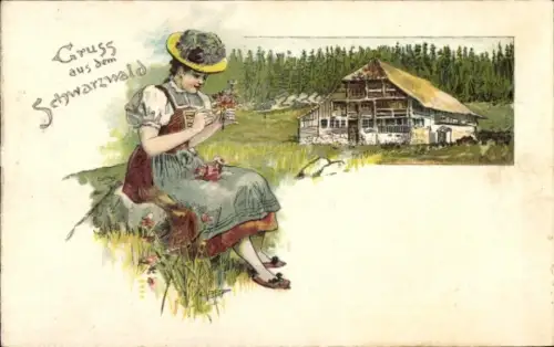 Litho Schwarzwald, Schwarzwälderin in Tracht, Schwarzwaldhaus