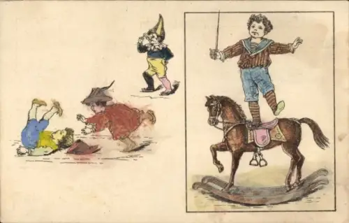 Litho Spielende Kinder, Schaukelpferd, Junge mit Säbel