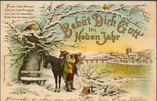 Litho Glückwunsch Neujahr, Trompeter von Säckingen, Behüt Dich Gott