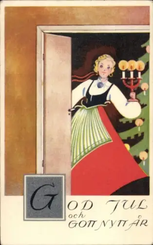 Ak Glückwunsch Neujahr, Tannenbaum, Frau in Tracht