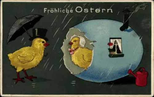 Präge Ak Glückwunsch Ostern, Küken, Osterei-Haus