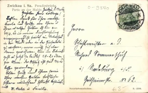 Ak Zwickau in Sachsen, Paradiesbrücke, Partie an der Mulde