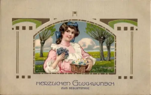 Präge Passepartout Ak Glückwunsch Geburtstag, junge Frau, Blumen