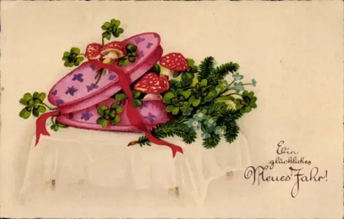 Litho Glückwunsch Neujahr, Kleeblätter, Tannenzweige, Fliegenpilze