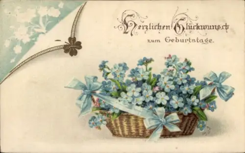 Präge Ak Glückwunsch Geburtstag, Weidenkorb mit Blumen, Vergissmeinnicht