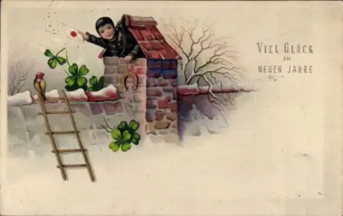Ak Glückwunsch Neujahr, Kleeblatt, Schornsteinfeger, Hufeisen