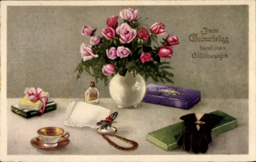 Ak Glückwunsch Geburtstag, Rosen, Geschenke, Schmetterling