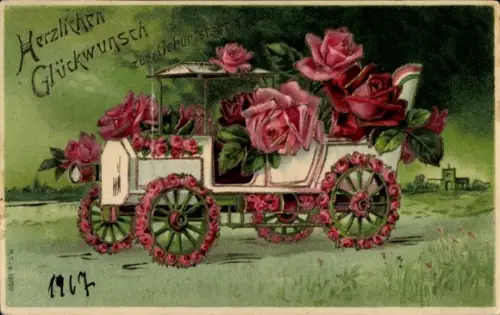 Präge Ak Glückwunsch Geburtstag, Auto mit Blumenschmuck