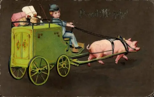 Ak Glückwunsch Neujahr, Schwein zieht einen Wagen