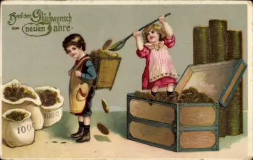 Präge Ak Glückwunsch Neujahr, Kinder, Schatztruhe mit Münzen