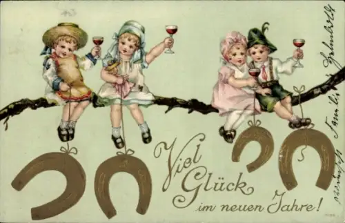 Präge Litho Glückwunsch Neujahr, Kinder mit Sektgläsern auf einem Ast, Hufeisen