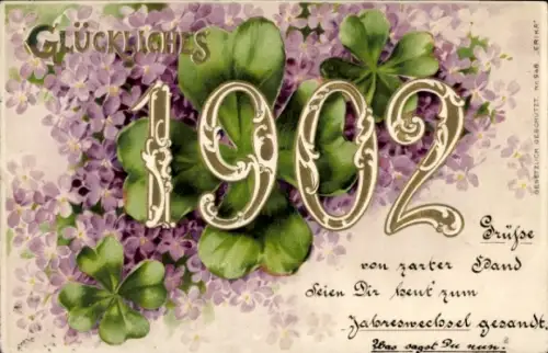 Präge Litho Glückwunsch Neujahr, Jahreszahl 1902, Kleeblätter, Veilchen
