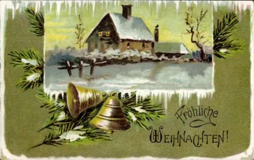 Passepartout Ak Frohe Weihnachten, Dorfidyll, Glocken