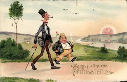 Litho Glückwunsch Pfingsten, Klein rund, groß schlank, zwei Wanderfreunde unterwegs