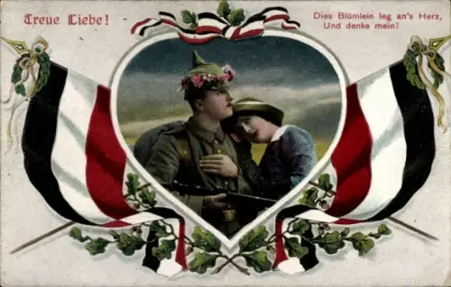 Passepartout Ak Treue Liebe, Soldat mit Frau, Fahnen