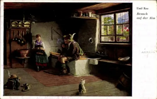 Künstler Ak Rau, Emil, Besuch auf der Alm, rauchender Mann, Frau im Dirndl, Katze