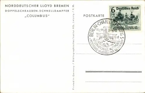 Ak Doppelschrauben-Schnelldampfer Columbus, Norddeutscher Lloyd, NDL