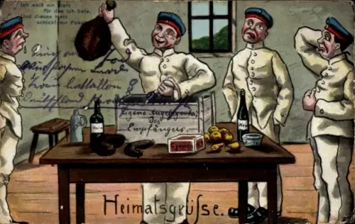 Litho Soldatenhumor, I. WK, Heimatsgrüße, Lebensmittel