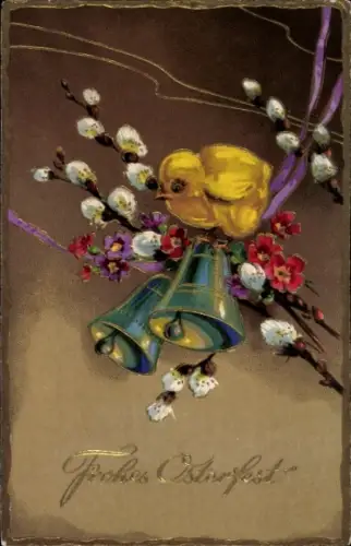 Ak Glückwunsch Ostern, Küken, Glocken, Weidenkätzchen