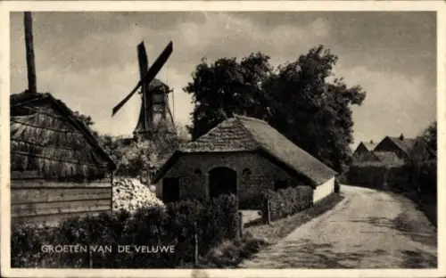 Ak Veluwe Gelderland Niederlande, Straße, Haus, Windmühle