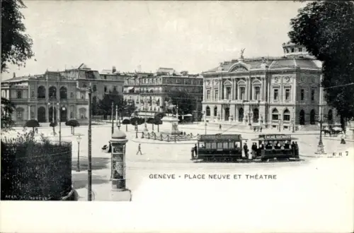 Ak Genève Genf Stadt, Place Neuve et Theatre, Straßenbahn