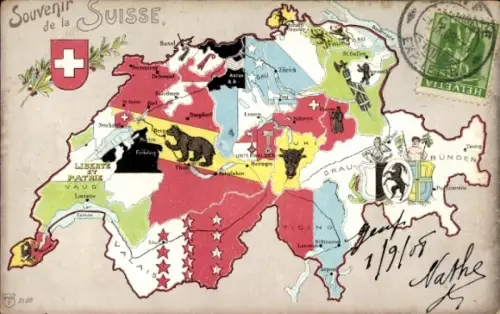 Landkarten Litho Schweiz, Schweizer Kantone mit Wappen