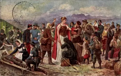 Künstler Ak Die Hilfreiche Helvetia, Krankenschwester, Verletzter Mann