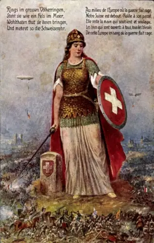 Künstler Ak Schweiz, Kriegerin mit Schwert und Schutzschild, Schlachtfeld