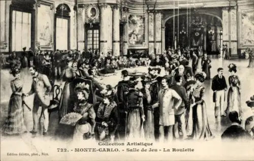 Ak Monte Carlo Monaco, Künstlerische Darstellung, Roulette, Menschen in eleganten Kleidern, opule