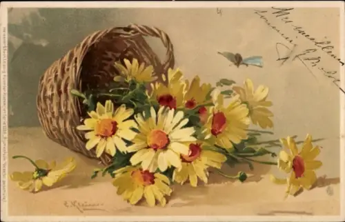 Künstler Litho Klein, Catharina, gelbe Margeriten, Korb, Meissner & Buch 1286